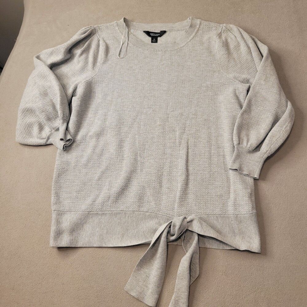 Vera Wang Sweater Womens Medium Pullover Tunic Gray Ribbed Tie Front Simply Vera
